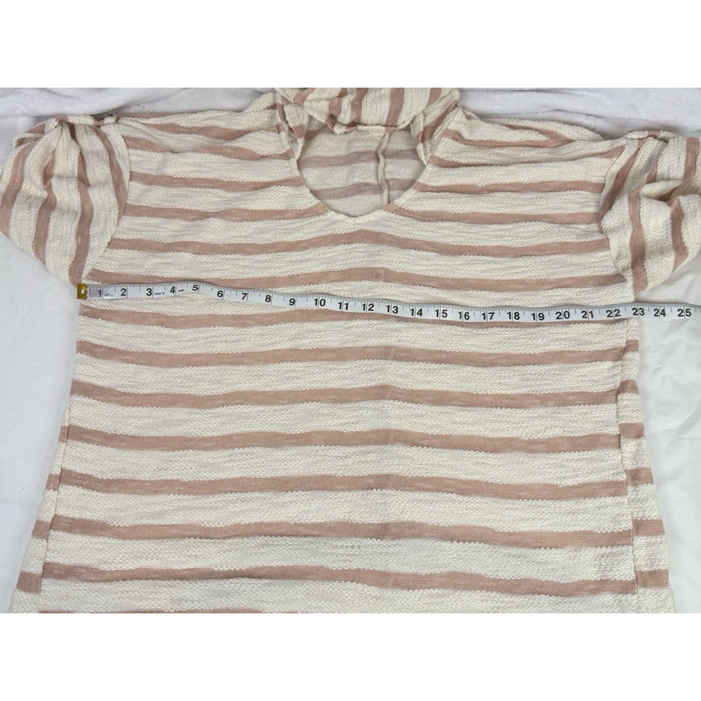 Striped Hooded Knit Top M Cream Blush Button Back Cozycore Relaxed Beach - Picture 4 of 7